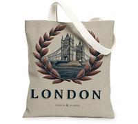 Borse di totalizzatore vintage della tela del ponte di Londra, borse della spesa riutilizzabili eleganti del modello della foglia, tracolla lavabile leggera Ca, Beige, 13x15 Inch