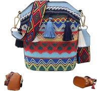 Borse e borse geometriche fatte a mano, borse e borse geometriche, secchiello a tracolla con nappe retrò intrecciate, borsa per il trucco da donna borsa casual da viaggio, Azzurro, 20*20*9cm