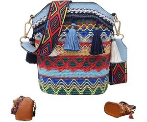 Borse e borse geometriche fatte a mano, borse e borse geometriche, secchiello a tracolla con nappe retrò intrecciate, borsa per il trucco da donna borsa casual da viaggio, Azzurro, 20*20*9cm