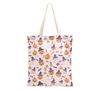 Borse in tela riutilizzabili con motivo di zucche dei cartoni animati senza cuciture per le donne borsa quotidiana con manici, Zucca di Halloween con cappello da strega e stelle, Taglia unica