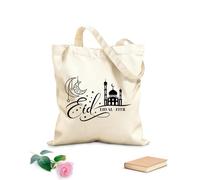 Borse in tela stampate digitalmente Lanterna della moschea di Eid al-Fitr con motivi floreali e calligrafia a mezzaluna Tessuto spesso 12 once Utilizzabile come trousse per il trucco 31x36cm Media