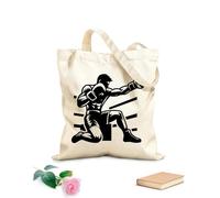 Borse in tela stampate digitalmente Tessuto spesso 12 once Un pugile inginocchiato sul ring che sferra un potente pugno indossando guantoni da boxe Utilizzabile come trousse per il trucco 31x36cm