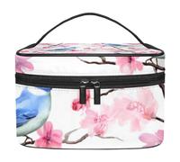 Borse per il trucco da donna,borsa da toilette per uomo,Fiore di ciliegio e uccello blu,borsa per cosmetici da viaggio
