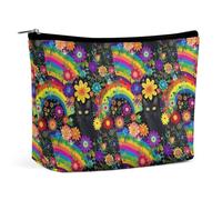 Borse per il trucco da donna con gatti neri, arcobaleni e fiori, borsa da viaggio per cosmetici, borsa in pelle PU resistente all'acqua con cerniera