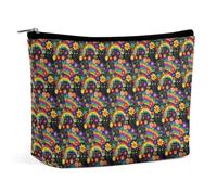 Borse per il trucco da donna con gatti neri, arcobaleni e fiori, borsa da viaggio per cosmetici, borsa in pelle PU resistente all'acqua con cerniera