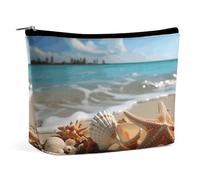 Borse per il trucco da viaggio in pelle PU conchiglie stella marina sulla spiaggia borsa cosmetica con cerniera grande borsa da toilette per le donne impermeabile portatile custodia per trucco