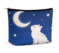 Borse per il trucco da viaggio in pelle PU Un gattino che guarda la luna Borsa cosmetica con cerniera Grande borsa da toilette per le donne Impermeabile Portatile Makeup Case Organizer carino Zipper