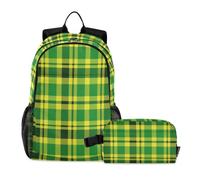 Borse per libri per ragazzi con borsa per il pranzo gatto graffiti vintage verde nero giallo tartan plaid 18L/zaini scuola per ragazze con contenitore per il pranzo, età 8-10 anni, mochilas escolares