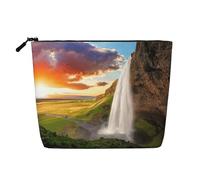 Borse riutilizzabili della stampa del tramonto del campo del fiume della cascata dell'Islanda dello spuntino, borsa da toilette di viaggio di grande capacità, borse di trucco con la chiusura lampo