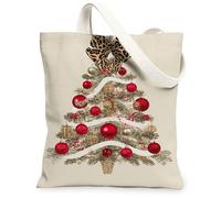 Borse totalizzatore in tela con albero di Natale, borse per la spesa riutilizzabili con design floreale festivo, chic, leggera, lavabile, spalla S, Beige, 13x15 Inch