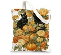 Borse totalizzatore in tela con gatto, motivo floreale con zucca, borse riutilizzabili, vintage leggere e lavabili con tracolla tote per lo shopping T, nero, 13x15 Inch