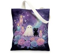 Borse totalizzatore in tela fantasma e gatto, fantasioso motivo floreale, borse della spesa riutilizzabili, fantasia carina, leggera, lavabile, spalla S, Viola, 13x15 Inch