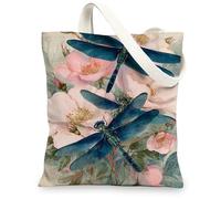 Borse totalizzatore in tela floreale con libellula, borse della spesa riutilizzabili con elegante motivo libellula, spalla vintage leggera lavabile S, Pesca, 13x15 Inch