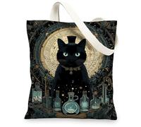 Borse tote in tela con gatto mistico, design gatto incantato, borse per la spesa riutilizzabili, gotico vintage, leggero, lavabile, spalla St, nero, 13x15 Inch