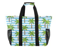 Borse utili a strisce bianche blu della palma del cocco pieghevole con la borsa di totalizzatore della tela delle tasche per la spiaggia, Palma da cocco a righe bianche blu, 1 size, Moda