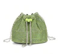 Borsetta a secchiello mini luccicante e glamour, elegante e raffinata, lusso discreto, con decorazioni in strass verdi, coulisse, ideale per feste, borse trasparenti da sera, eleganti con strass e cri