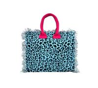 Borsetta Mare New Leopard Maculato a Manico Corto con Zip 100% Cotone 30x24x14cm Handbag Spiaggia (Azzurro)