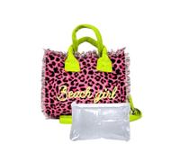 Borsetta Mini New Leopard Maculato con Zip e Tracolla 100% Cotone 20x16x8cm Borsa Spiaggia (Fucsia)