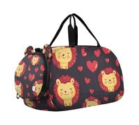 Borsone con motivo a cuore leone rosso e nero, con scomparto per scarpe, grande capacità, per bambini, per viaggi, sport, fitness e allenamento