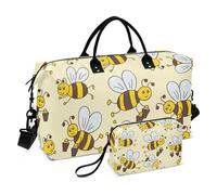 Borsone con motivo vettoriale Bee Happy Good Luck borsone da viaggio per la notte Tote e bagagli palestra Tote Bag con borsa da toilette per yoga pieghevole, vettore, modello, ape, felice, buona