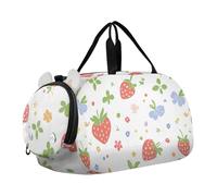 Borsone con piccoli fiori e fragole in stile cartone animato, con scomparto per scarpe, multifunzionale, per viaggi, nuoto, danza, danza