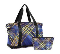 Borsone da palestra blu e oro a quadri geometrici con linee geometriche borsa da palestra con borsa da toilette per escursionismo impermeabile, Linee geometriche plaid blu e oro, 1 size