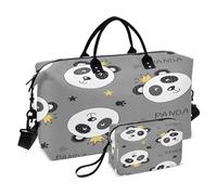 Borsone da palestra borsa tote carry on weekender borsa da notte con borsa da toilette per escursionismo set da 2 pezzi Panda grigio cartone animato carino, Multi, 1 size, Moderno/adattabile