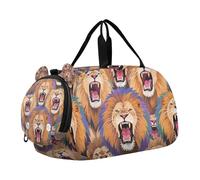 Borsone da palestra colorato con leone in stile cartone animato, con scomparto per scarpe, multifunzionale, per pratica scolastica, sport, viaggi
