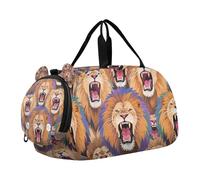 Borsone da palestra colorato con leone in stile cartone animato con scomparto per scarpe, multifunzionale, per la pratica scolastica, lo sport, i viaggi