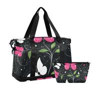 Borsone da palestra con fiori di pesca e farfalle bianche e nero, borsa da viaggio per la notte, con cinghia regolabile per allenamento, grande capacità, Fiore pesca e farfalla bianca nera, 1 size