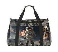 Borsone da palestra con fiori in fiore per uomo e donna borsa da notte con scomparto per scarpe borse da viaggio per allenamento, Astronauta Atterraggio sulla Luna, Taglia unica, Borsone da viaggio