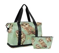 Borsone da palestra con gufo marrone cartone animato carino con borsa da toilette per aereo, set da 2 pezzi, Gufo marrone carino cartone animato, 1 size