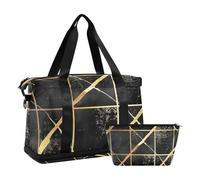 Borsone da palestra con linee geometriche a quadri neri e oro borsa da viaggio con borsa da toilette per trekking grande capacità, linee geometriche plaid nero e oro, 1 size