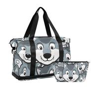 Borsone da palestra con lupo in stile cartone animato, borsa da palestra con borsa da toilette per yoga multifunzionale, Carino cartone animato lupo grigio, 1 size