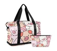 Borsone da palestra con maiale in stile cartone animato rosa, borsone sportivo per la notte, borsa da toeletta per allenamento, pieghevole, Carino cartone animato maiale rosa, 1 size