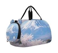 Borsone da palestra con motivo giapponese Monte Fuji Cherry Blossoms blu e bianco con scomparto per scarpe leggero da portare con sé durante la notte, per viaggi, sport, fitness e allenamento