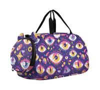 Borsone da palestra con motivo misterioso con occhi viola, con scomparto per scarpe, grande capacità, borsa da viaggio per il fine settimana, per spiaggia, nuoto, piscina, sport, cartone animato