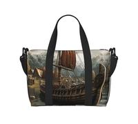 Borsone da palestra con paillettes dorate luccicanti per uomini e donne, borsa da viaggio per la notte con scomparto per scarpe borse da allenamento, Vecchia barca vichinga_78819509, Taglia unica