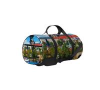 Borsone da palestra con panorama estivo panoramico blu, architettura della città vecchia, con tracolla, cerniera, 2 tasche laterali per uomini e donne, borsa da viaggio e da viaggio
