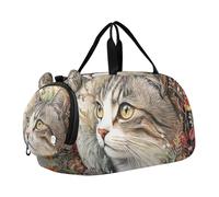 Borsone da palestra per ragazza con pittura ad acquerello con gatto e fiore con scomparto per scarpe, multifunzionale, per weekender, per la spiaggia, nuoto, piscina, sport
