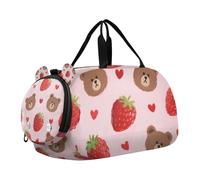 Borsone da palestra per ragazze con simpatico orso marrone con fragole con scomparto per scarpe grande capacità borsone per bambini durante la notte per viaggi, sport, borsone, weekender