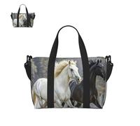 Borsone da palestra per uomo e donna con pastore tedesco, borsa da palestra con scomparto per scarpe, borse da viaggio leggere, Cavalli in bianco e nero in esecuzione, Taglia unica, Borsone da viaggio