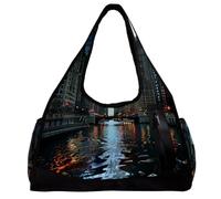 Borsone da uomo, borsa da palestra da donna, borsa da palestra per fitness, allenamento, danza, paesaggio notturno con luna e città, Motivo 5455, 47x16.5x27cm(18.5x6.5x10.6in)