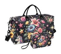 Borsone da viaggio, adorabile unicorni e fiori celebrità, borsa da palestra con borsa portaoggetti, borsa per la notte, per uomini e donne, viaggi, sport, yoga, Multicolore, Taglia unica