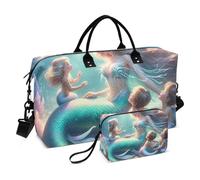 Borsone da viaggio, bella madre sirena con i suoi figli, borsa da palestra con borsa portaoggetti, borsa per la notte, per uomini e donne, viaggi, sport, yoga, Multicolore, Taglia unica