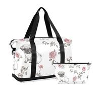Borsone da viaggio bianco con carlino carino borsa da viaggio a tracolla per fine settimana tote con borsa da toilette per palestra pieghevole, Carino Pug cani bianco, 1 size