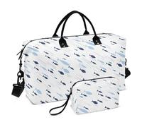 Borsone da viaggio blu con simpatico pesciolino in stile cartone animato, borsone da viaggio per la notte, borsa da palestra grande con tracolla regolabile per escursionismo, set da 2 pezzi