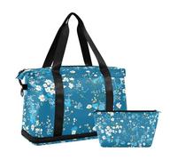 Borsone da viaggio blu e bianco con fiori dipinti a olio per palestra, sport, viaggi, weekender, borsa con tracolla regolabile per viaggi, set da 2 pezzi, Fiori blu e bianchi della pittura a olio, 1