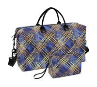 Borsone da viaggio blu e oro con linee geometriche scozzesi grandi borsone da palestra con borsa da toilette per trekking grande capacità