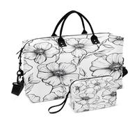Borsone da viaggio, borsa da palestra con fiori bianchi e neri, borsa da viaggio per la notte, borsa da toeletta per aereo, viaggi, palestra, yoga, Fiori Linea Bianca e Nera, Taglia unica, alla moda